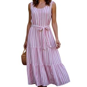 Talbots Petite 12P Pink‎ Striped  Midi Dress Cottagecore coastal preppy vacation
